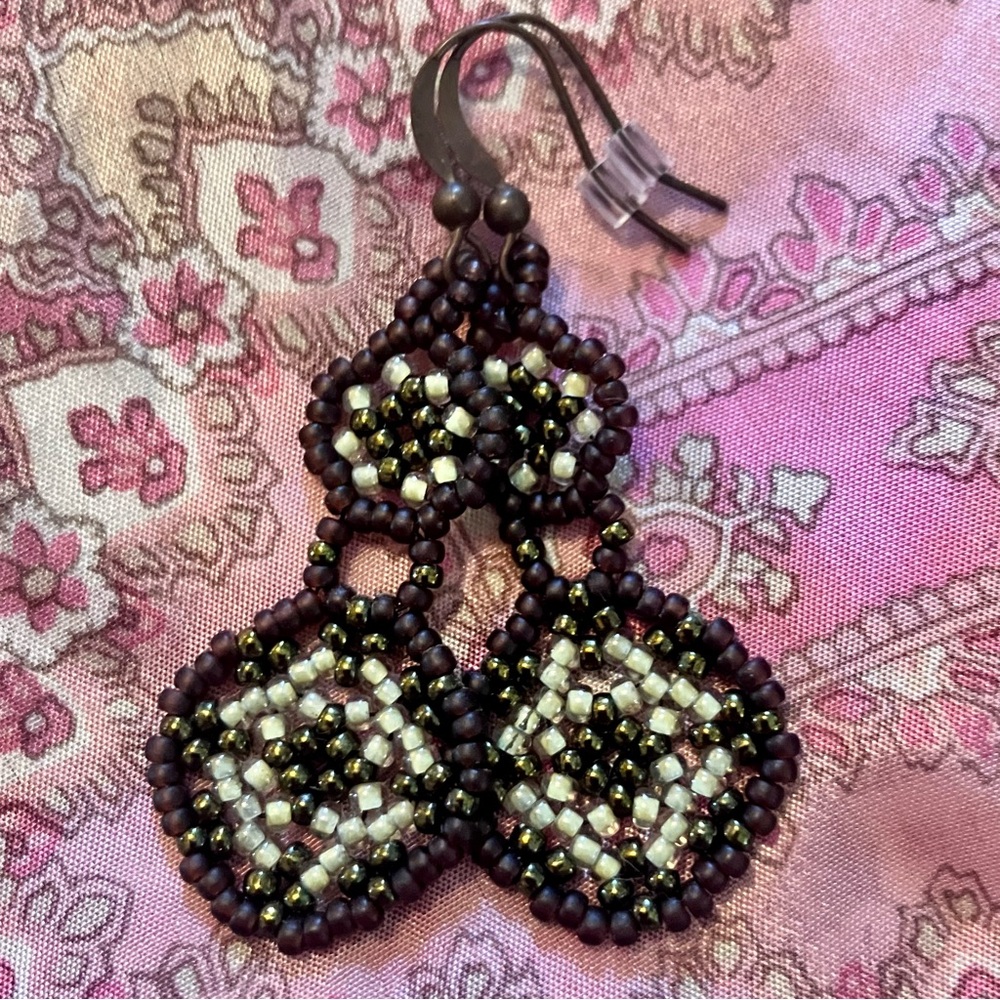 Handmade Miyuki Brown Olive Green Mandala Double Drop Beaded Statement Earrings